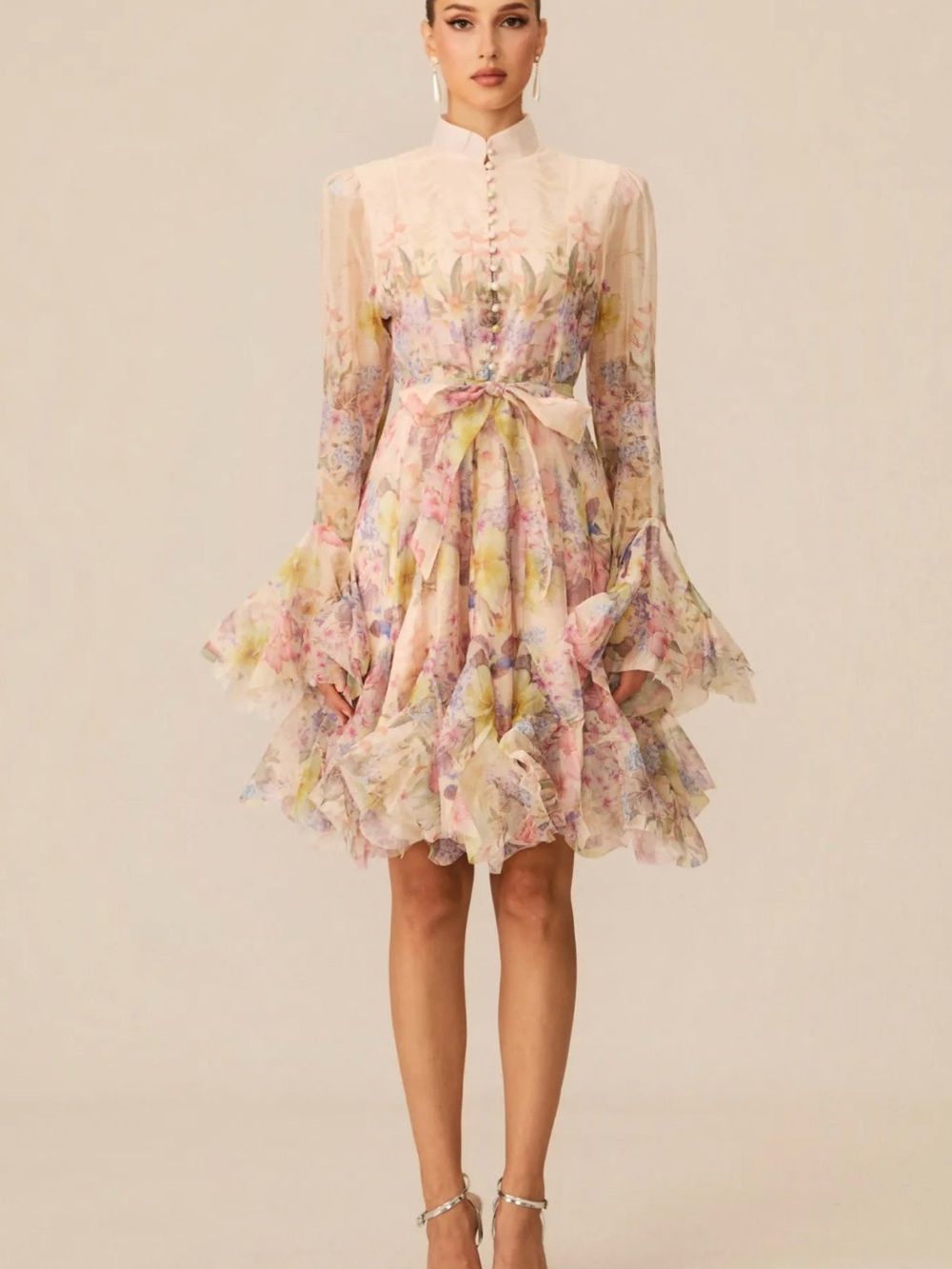 Sunfere Lana Floral Print Flared Mini Dress in Apricot - XL